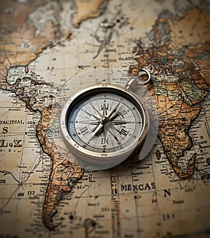 Vintage compass resting on antique world map for exploration and travel concepts