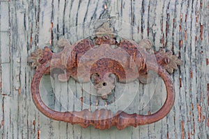 Vintage brass door knocker on an old door, Italy, Rome