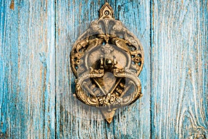 Vintage brass door knocker on wooden door