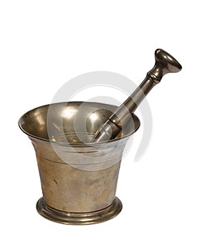 Vintage brass mortar and pestle isolated on a white background.