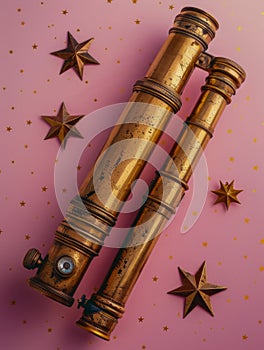 Vintage Brass Telescope with Stars on a Pastel Pink Background Astronomical Equipment Concept