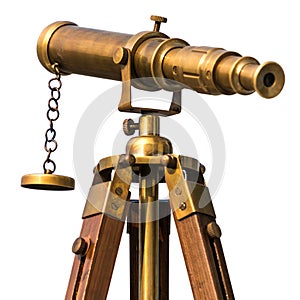 Vintage brass telescope on white background