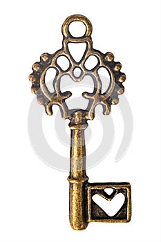 Vintage brassy door key isolated on white