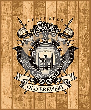 Vintage brewery coat arms on a wooden background