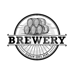 Vintage brewery logo template with beer wooden barrel vector