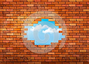 Vintage brick wall background with hole.