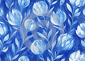 Vintage Bright blue floral seamless pattern. Watercolor painting blue flowers with silver contours on textured indanthrene blue