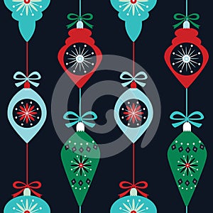 Vintage bright winter holidays seamless pattern with christmas baubles, ribbons and bows