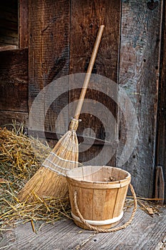Vintage Broom and Wood Bucket