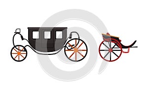 Vintage Brougham Set, Old Carriage for People Transportation Flat Vector Illustration