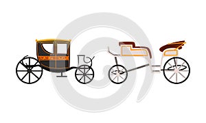 Vintage Brougham Set, Side View of Old Carriage for People Transportation Flat Vector Illustration