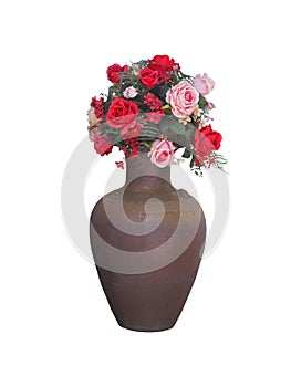 Vintage brown ceramic vase with roses flower isolated on white background