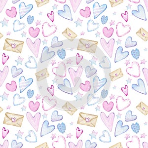 Vintage brown envelopes with pink and blue hearts. Watercolor Valentine's Day background of letters. Seamless