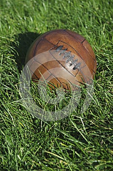 Vintage Brown Football Soccer Ball Green Grass Field