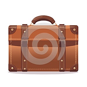 Vintage brown threadbare suitcase with straps and buckles isolated. Vector illustration