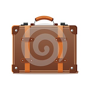 Vintage brown threadbare suitcase with straps and buckles isolated. Vector illustration