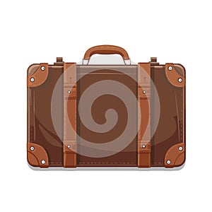 Vintage brown threadbare suitcase with straps and buckles isolated. Vector illustration