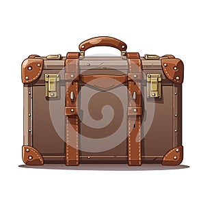 Vintage brown threadbare suitcase with straps and buckles isolated. Vector illustration