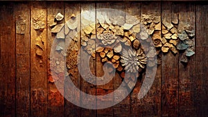 Vintage brown wood background texture with knots and carvings of floral motifs. Old painted wooden wall. Created with