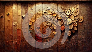 Vintage brown wood background texture with knots and carvings of floral motifs. Old painted wooden wall. Created with