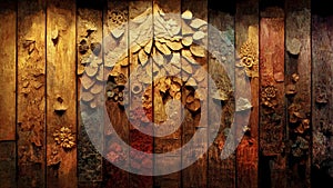 Vintage brown wood background texture with knots and carvings of floral motifs. Old painted wooden wall. Created with