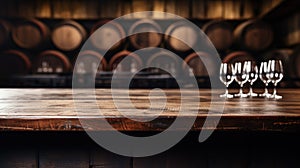 Vintage brown wood table and wine glasses on blurred cellar background, old empty desk in restaurant, bar or cafe. Wooden barrels