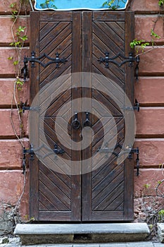 Vintage brown wooden door with forged hinges in an old city. Closed front door overgrown with ivy.