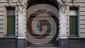 Vintage brown wooden front door on the facade of a building with windows, AI generated