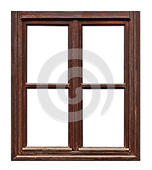 Vintage brown wooden window. Vintage window on white background