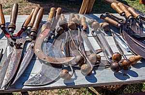 Vintage brush hooks and hardware tools at flea market outdoor