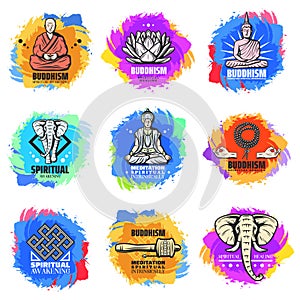 Vintage Buddhism Religion Emblems Set