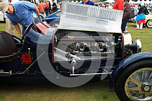 Vintage bugatti race car and engine
