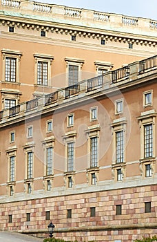 Vintage, building and architecture of Royal Castle in Stockholm with wall, windows and street view. Travel, landmark and