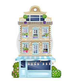 Vintage building facade, old Paris house front view illustration with classic windows, bushes, shop showcase.