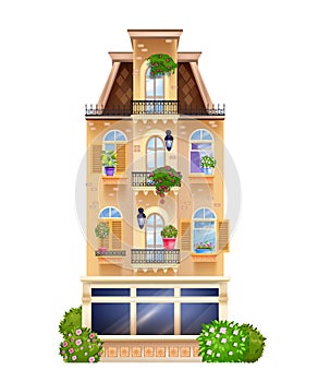 Vintage building facade, vector European house front view illustration with windows, house plants, roof.
