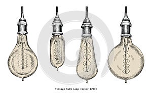 Vintage bulb lamp hand drawing engraving style