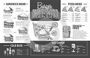 Vintage burger menu design. Fast food menu