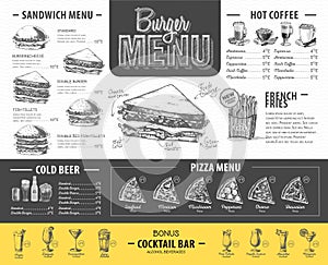 Vintage burger menu design. Fast food menu