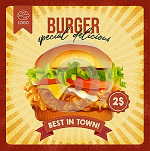 Vintage burgers retro poster style design template