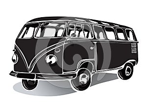 Vintage bus, retro car, black and white drawing, hand-drawing, monochrome