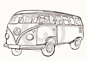 Vintage bus, retro car, painted coloring book, hand-drawing, monochrome