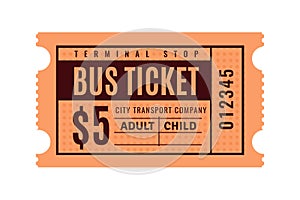 Vintage bus ticket. Paper coupon. Public transport pass paper with separation line. Check for paid fare. Orange sheet