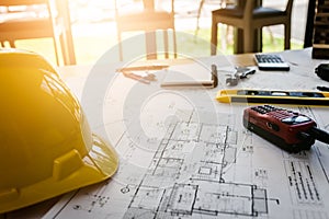 Vintage business desk of engineer contractor. photo