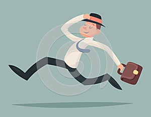 Vintage Businessman Running Hurry Race Rush Velocity Winner Character Icon on Stylish Background Retro Cartoon Design