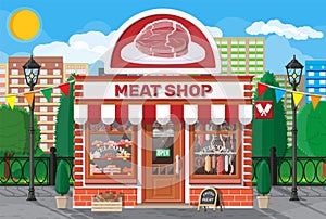Vintage butcher shop store facade with storefront.