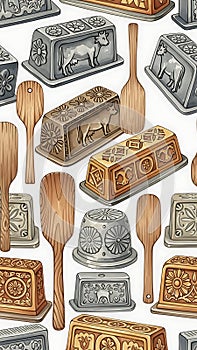 Vintage Butter Molds and Paddles Seamless Pattern on White Background