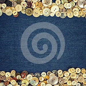 Vintage Buttons frame on a denim fabric texture background