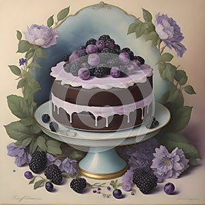 vintage cake, lila cream and fruits photo