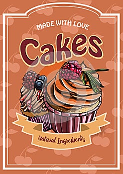 Vintage cakes with cream poster design vector.