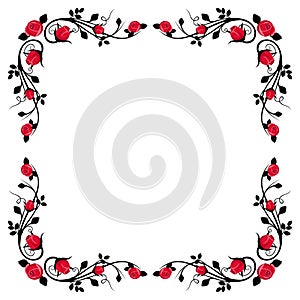 Vintage calligraphic frame with red roses.